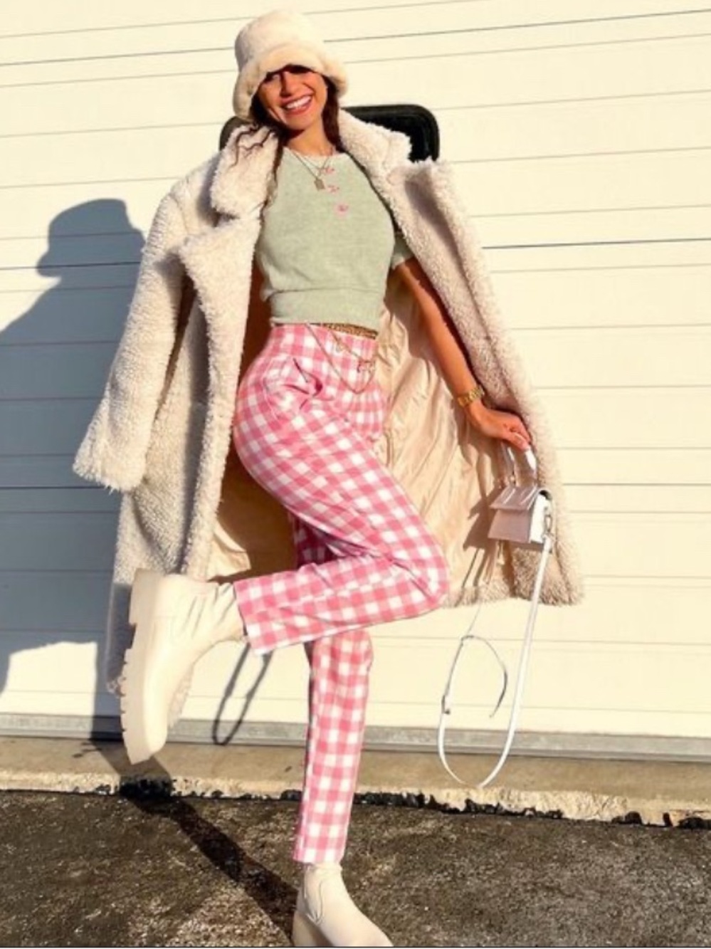 ZARA 💖 pink plaid gingham high waist pants